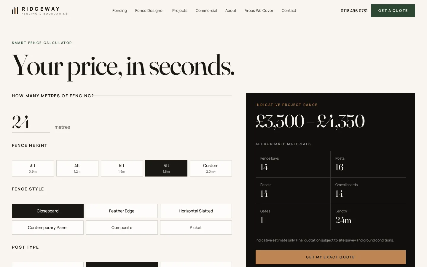 Ridgeway price calculator showing an indicative project range and materials