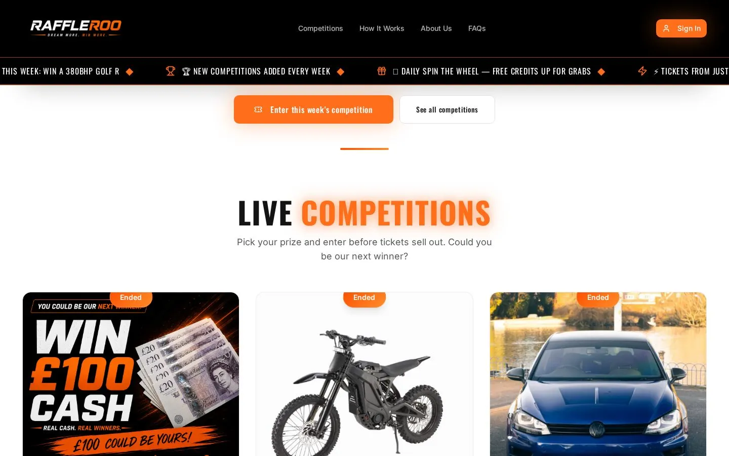 Raffleroo live competitions section with prize cards