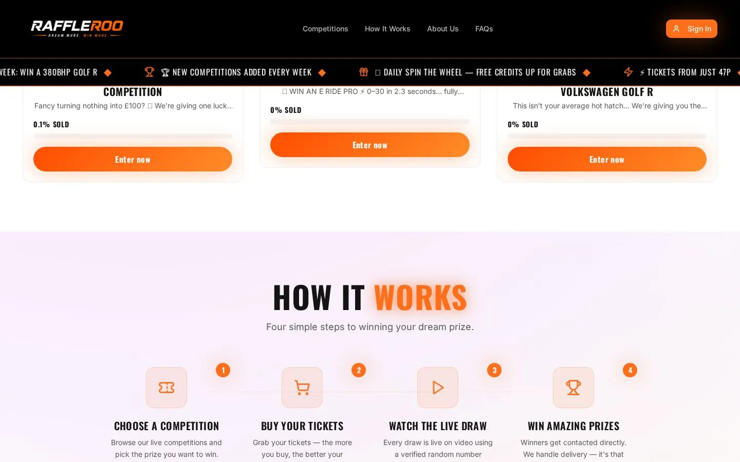 Raffleroo competition cards showing tickets sold and the four-step How It Works guide