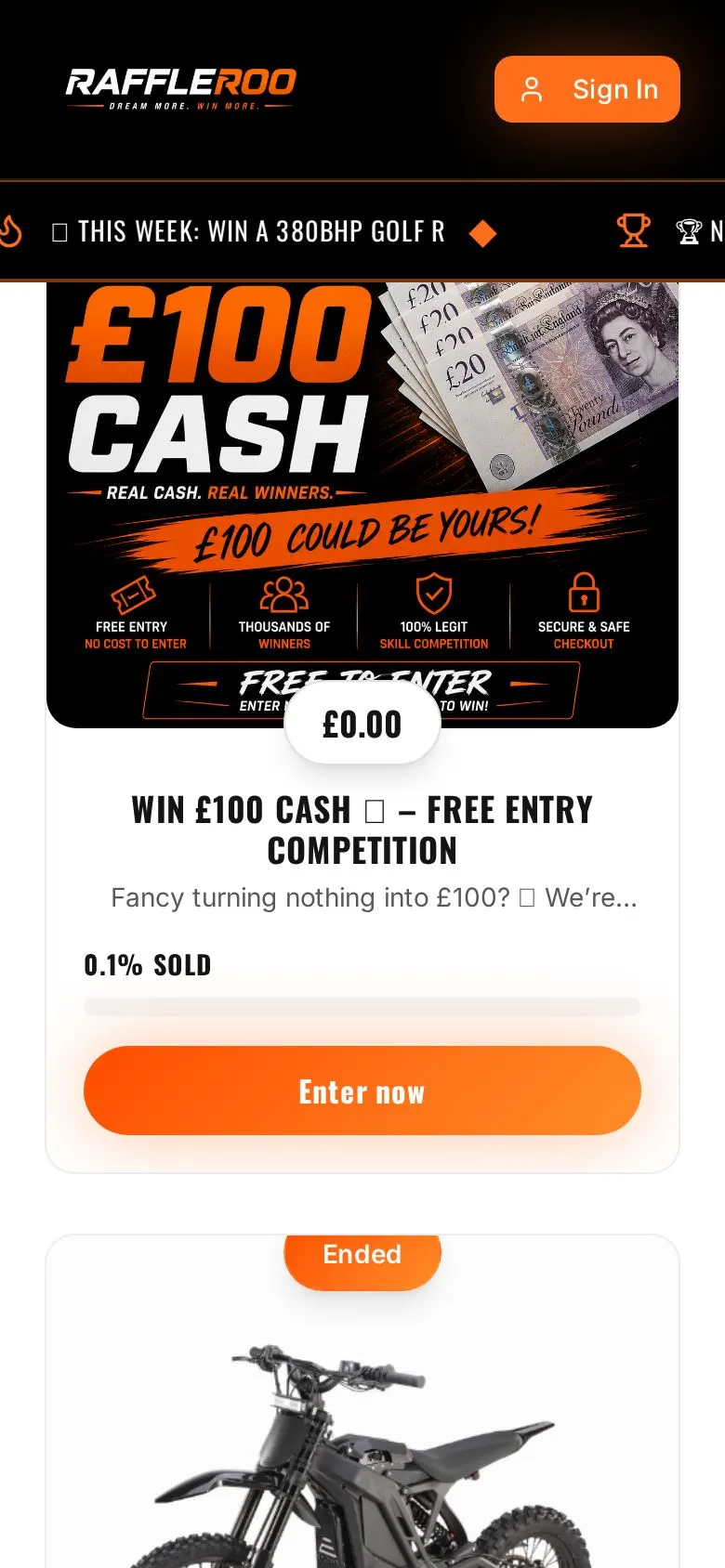 Raffleroo competitions on a phone screen